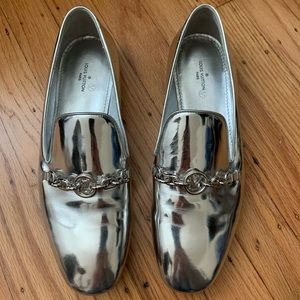 Metallic Silver Foil Leather Chain Detail Louis Vuitton Smoking Slippers 38 1/2